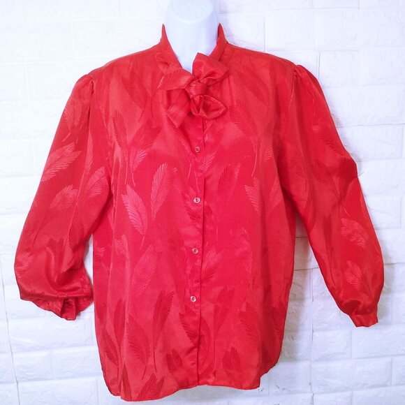 Vintage 70s Empire California Satin Bow Blouse Top -XL Feathers GA Print Buttons - Picture 1 of 11